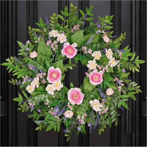 24 Inch Spring Flower Wreath for Front Door, Artificial Lavender Daisy Wreath with Eucalyptus Greenery, Spring Summer Floral Wreath for Wall Porch Wedding Farmhouse Decor in Saudi Arabia