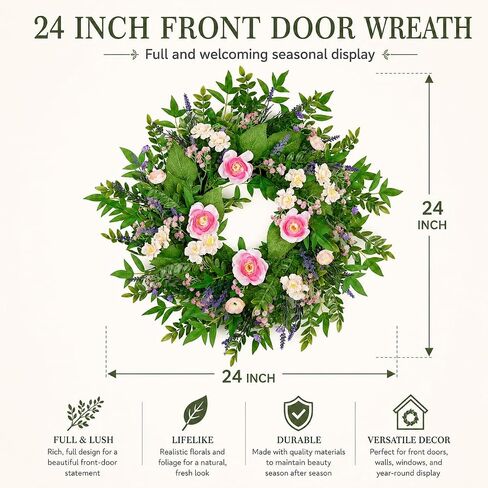 24 Inch Spring Flower Wreath for Front Door, Artificial Lavender Daisy Wreath with Eucalyptus Greenery, Spring Summer Floral Wreath for Wall Porch Wedding Farmhouse Decor in Saudi Arabia