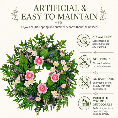 24 Inch Spring Flower Wreath for Front Door, Artificial Lavender Daisy Wreath with Eucalyptus Greenery, Spring Summer Floral Wreath for Wall Porch Wedding Farmhouse Decor in Saudi Arabia