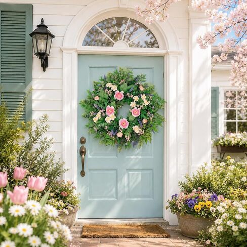 24 Inch Spring Flower Wreath for Front Door, Artificial Lavender Daisy Wreath with Eucalyptus Greenery, Spring Summer Floral Wreath for Wall Porch Wedding Farmhouse Decor in Saudi Arabia