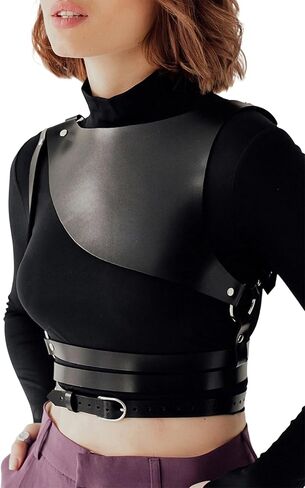 Women Asymmetrical Shoulder Faux Leather Harness Top Goth Punk Adjustable Fashion Waist Belt for Halloween Cosplay Accessories(Waist 30.3-32.3in) in Saudi Arabia