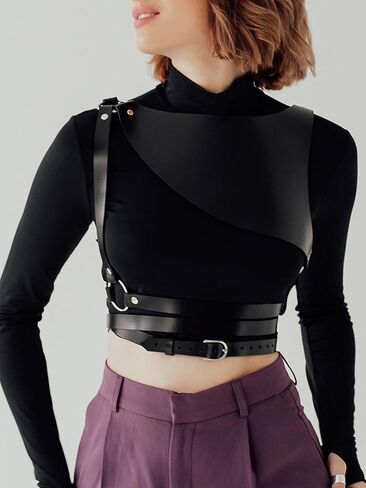 Women Asymmetrical Shoulder Faux Leather Harness Top Goth Punk Adjustable Fashion Waist Belt for Halloween Cosplay Accessories(Waist 30.3-32.3in) in Saudi Arabia