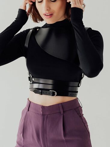 Women Asymmetrical Shoulder Faux Leather Harness Top Goth Punk Adjustable Fashion Waist Belt for Halloween Cosplay Accessories(Waist 30.3-32.3in) in Saudi Arabia