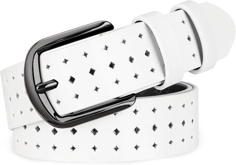 XZQTIVE Hollow Genuine Leather Belts for Women with Pin Buckle, Fashion Casual Waist Belt for Jeans Dress Pants - Black Buckle, White, 120cm in Kuwait