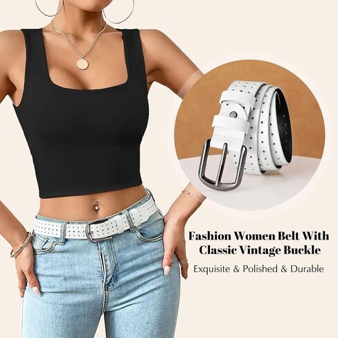 XZQTIVE Hollow Genuine Leather Belts for Women with Pin Buckle, Fashion Casual Waist Belt for Jeans Dress Pants - Black Buckle, White, 120cm in Kuwait