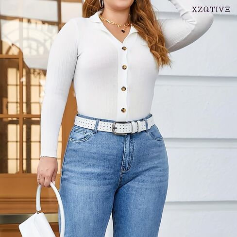 XZQTIVE Hollow Genuine Leather Belts for Women with Pin Buckle, Fashion Casual Waist Belt for Jeans Dress Pants - Black Buckle, White, 120cm in Kuwait