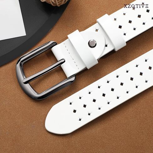 XZQTIVE Hollow Genuine Leather Belts for Women with Pin Buckle, Fashion Casual Waist Belt for Jeans Dress Pants - Black Buckle, White, 120cm in Kuwait