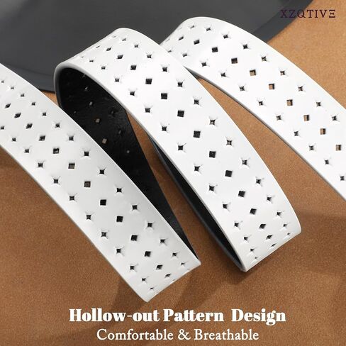 XZQTIVE Hollow Genuine Leather Belts for Women with Pin Buckle, Fashion Casual Waist Belt for Jeans Dress Pants - Black Buckle, White, 120cm in Kuwait