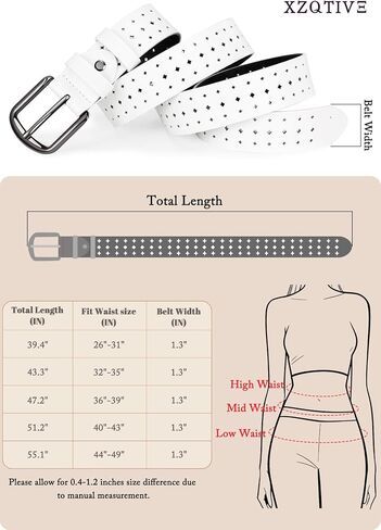 XZQTIVE Hollow Genuine Leather Belts for Women with Pin Buckle, Fashion Casual Waist Belt for Jeans Dress Pants - Black Buckle, White, 120cm in Kuwait