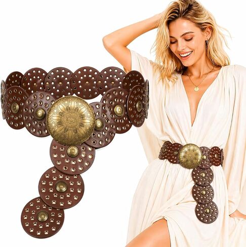 Wide PU Leather Belt for Women Vintage Disc Waist Belt with Studded Rivet Design, Fashion Wide Waist Belt for Dresses, Coats, Jeans, Adjustable Statement Belt in Kuwait