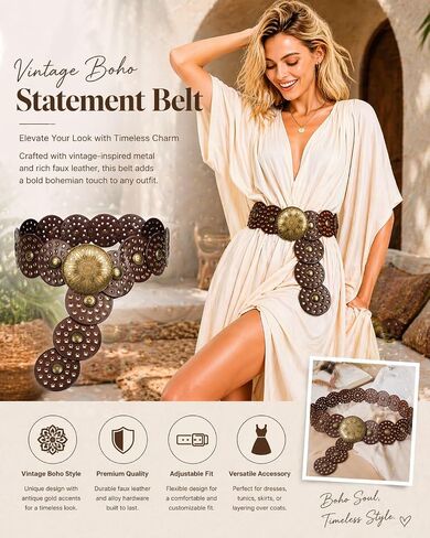 Wide PU Leather Belt for Women Vintage Disc Waist Belt with Studded Rivet Design, Fashion Wide Waist Belt for Dresses, Coats, Jeans, Adjustable Statement Belt in Kuwait