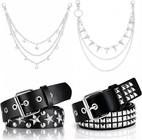 4-Piece Studded Belt Set with Pyramid Studs and Star Belt, Y2K Goth Punk Rock Accessories with Pant Chains for Women and Men - Includes Two Silver Waist Chains and Two Studded Belts in Saudi Arabia