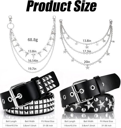 4-Piece Studded Belt Set with Pyramid Studs and Star Belt, Y2K Goth Punk Rock Accessories with Pant Chains for Women and Men - Includes Two Silver Waist Chains and Two Studded Belts in Saudi Arabia