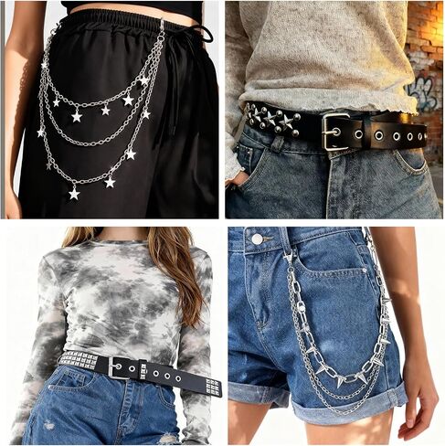 4-Piece Studded Belt Set with Pyramid Studs and Star Belt, Y2K Goth Punk Rock Accessories with Pant Chains for Women and Men - Includes Two Silver Waist Chains and Two Studded Belts in Saudi Arabia