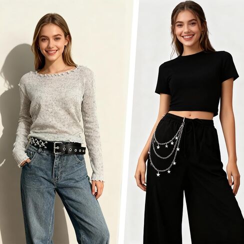 4-Piece Studded Belt Set with Pyramid Studs and Star Belt, Y2K Goth Punk Rock Accessories with Pant Chains for Women and Men - Includes Two Silver Waist Chains and Two Studded Belts in Saudi Arabia