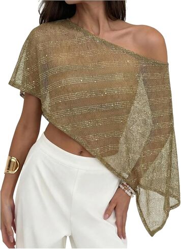 SHENHE Women's Sheer Knit Poncho Top Sequin Shimmer Shawl Off The Shoulder Bat Wing Top Cape in Kuwait