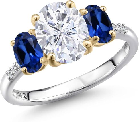 Gem Stone King 3.36 Cttw White Moissanite Blue Created Sapphire and Lab Grown Diamond Engagement Ring For Women | 925 Silver and 10K Yellow Gold | Oval 9X7MM and 6X4MM | Available In Size 5-9 in Kuwait