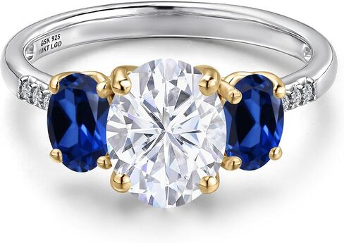 Gem Stone King 3.36 Cttw White Moissanite Blue Created Sapphire and Lab Grown Diamond Engagement Ring For Women | 925 Silver and 10K Yellow Gold | Oval 9X7MM and 6X4MM | Available In Size 5-9 in Kuwait