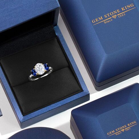 Gem Stone King 3.36 Cttw White Moissanite Blue Created Sapphire and Lab Grown Diamond Engagement Ring For Women | 925 Silver and 10K Yellow Gold | Oval 9X7MM and 6X4MM | Available In Size 5-9 in Kuwait