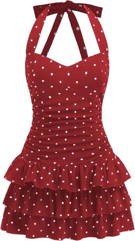 CIDER Mini Dress Polka Dot Ruched Layered Halter Neck Sleeveless Middle Waist Party Club Vacation in Kuwait