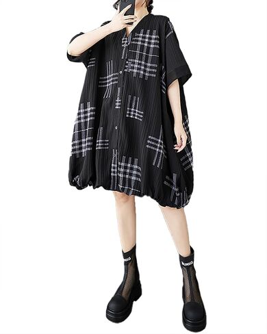 ellazhu Women's Dress V-Neck Short Sleeve Checkered Patchwork Button Down Shirt Dresses with Pocket GZ486 in Kuwait