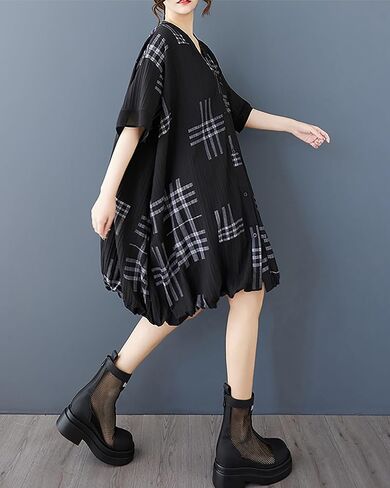 ellazhu Women's Dress V-Neck Short Sleeve Checkered Patchwork Button Down Shirt Dresses with Pocket GZ486 in Kuwait