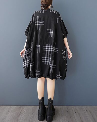 ellazhu Women's Dress V-Neck Short Sleeve Checkered Patchwork Button Down Shirt Dresses with Pocket GZ486 in Kuwait