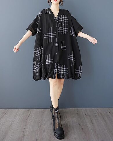 ellazhu Women's Dress V-Neck Short Sleeve Checkered Patchwork Button Down Shirt Dresses with Pocket GZ486 in Kuwait