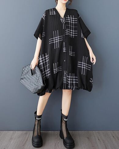 ellazhu Women's Dress V-Neck Short Sleeve Checkered Patchwork Button Down Shirt Dresses with Pocket GZ486 in Kuwait