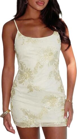 Lingswallow Women's Floral Embroidered Mini Dress Spaghetti Strap Mesh Cocktail Dresses in Saudi Arabia
