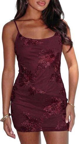 Lingswallow Women's Floral Embroidered Mini Dress Spaghetti Strap Mesh Cocktail Dresses in Saudi Arabia