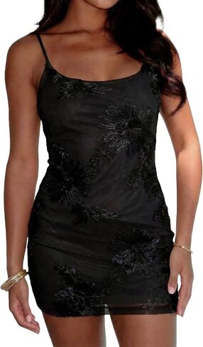 Lingswallow Women's Floral Embroidered Mini Dress Spaghetti Strap Mesh Cocktail Dresses in Saudi Arabia