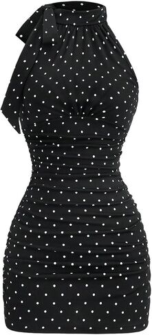 BEAUDRM Women's Polka Dots Halter Mini Dress Y2k Ruched Sleeveless Cocktail Wedding Guest Party Bodycon Dresses in Kuwait