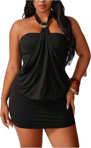 Floerns Women's Plus Size Sleeveless Halter Mini Dress Country Concert Going Out Dresses in Kuwait