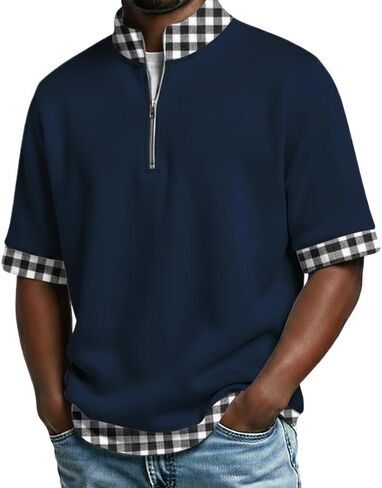 Men's Polo Shirts Casual Holiday Standing Collar Short Sleeve Basic Modern Plaid Color Block Buttons Summer Spring in Saudi Arabia