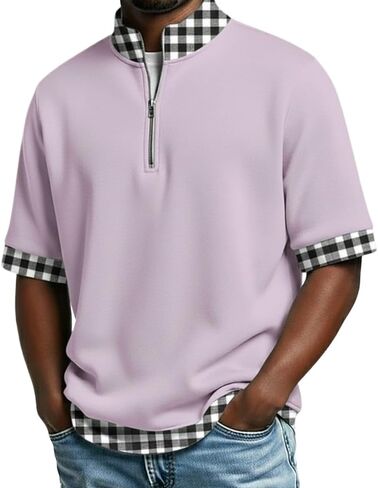 Men's Polo Shirts Casual Holiday Standing Collar Short Sleeve Basic Modern Plaid Color Block Buttons Summer Spring in Saudi Arabia