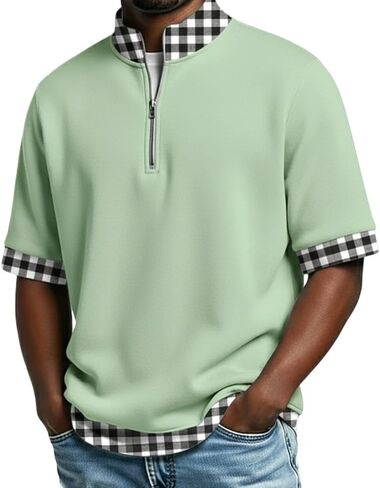Men's Polo Shirts Casual Holiday Standing Collar Short Sleeve Basic Modern Plaid Color Block Buttons Summer Spring in Saudi Arabia