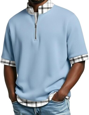 Men's Polo Shirts Casual Holiday Standing Collar Short Sleeve Basic Modern Plaid Color Block Buttons Summer Spring in Saudi Arabia