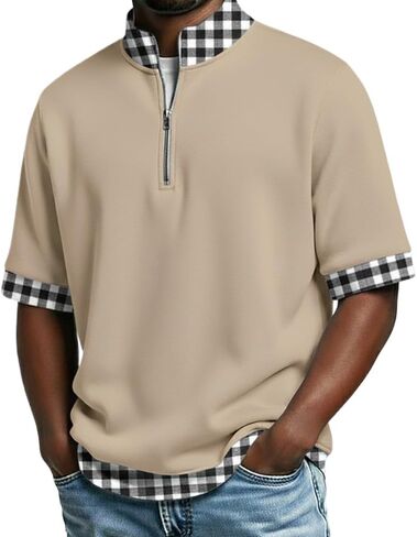 Men's Polo Shirts Casual Holiday Standing Collar Short Sleeve Basic Modern Plaid Color Block Buttons Summer Spring in Saudi Arabia