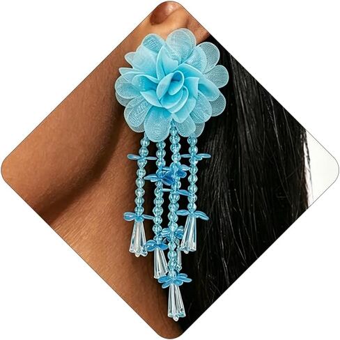 Flower Tassel Drop Earrings for Women Long Fabric Floral Crystal Beaded Tassel Statement Earring Wedding Prom Boho Jewelry in Saudi Arabia