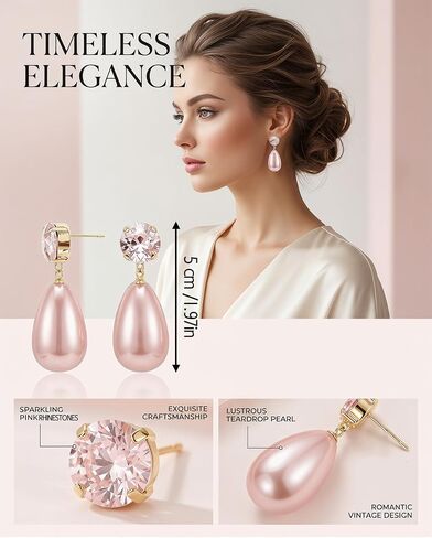 Pink Pearl Earrings for Women, Drop Earrings with Silver-Plated Copper Post, Fashion Jewelry Gifts in Saudi Arabia