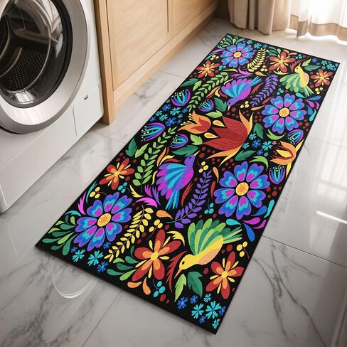 Mexican Floral Laundry Room Rug 24x48 in Colorful Birds Mexican Kitchen Runner Laundry Mat Non Slip Washable Area Rug Floor Mats for Washroom Bathroom (Purple, 24x48 in) in Saudi Arabia