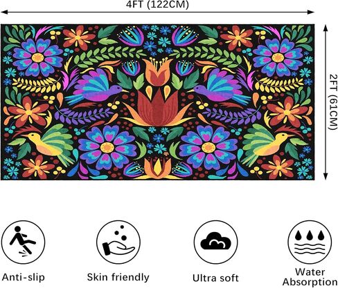 Mexican Floral Laundry Room Rug 24x48 in Colorful Birds Mexican Kitchen Runner Laundry Mat Non Slip Washable Area Rug Floor Mats for Washroom Bathroom (Purple, 24x48 in) in Saudi Arabia