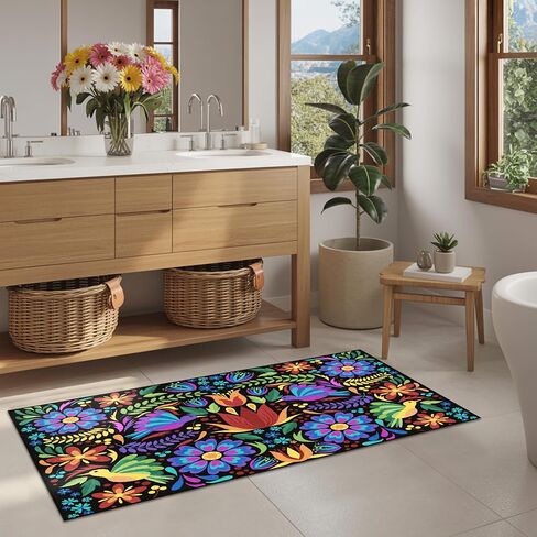 Mexican Floral Laundry Room Rug 24x48 in Colorful Birds Mexican Kitchen Runner Laundry Mat Non Slip Washable Area Rug Floor Mats for Washroom Bathroom (Purple, 24x48 in) in Saudi Arabia