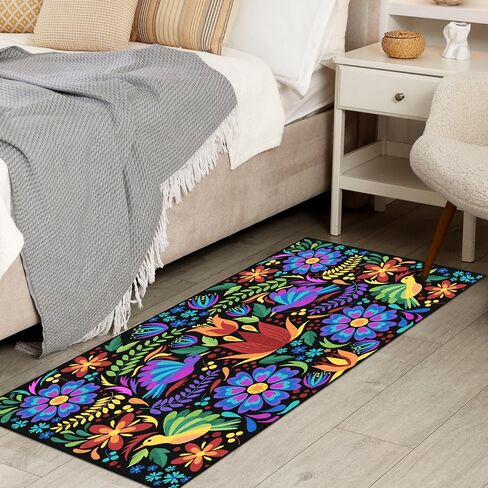Mexican Floral Laundry Room Rug 24x48 in Colorful Birds Mexican Kitchen Runner Laundry Mat Non Slip Washable Area Rug Floor Mats for Washroom Bathroom (Purple, 24x48 in) in Saudi Arabia