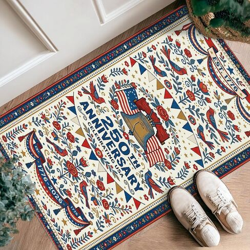 Freedom Bell Runner Rug, Patriotic Traditional Floral Stars Anniversary Red Low Pile Sponge Carpets Fade Resistant Home Aesthetic for Kitchen Entryway Bedside Doorway Hallway Decor 2x8 Ft in Kuwait