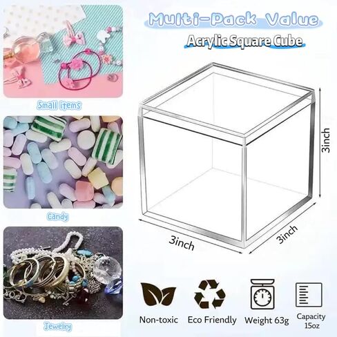 18 Pcs 3x3x3 Clear Acrylic Box with Lid - Small Square Plastic Containers for Candy, Party Favors, Display & Organization, Stackable Storage Cubes in Saudi Arabia