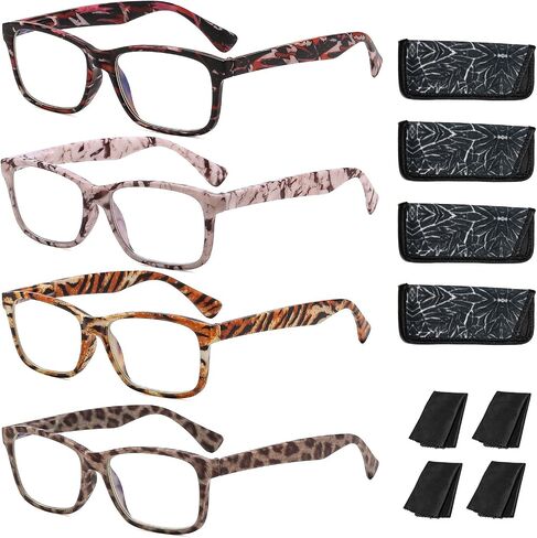 Blue Light Blocking Reading Glasses 2.0x - 4 Pair Computer Glasses for Women and Men, Reduce Eye Strain, Spring Hinges, Fashion Rectangular Frames in Saudi Arabia