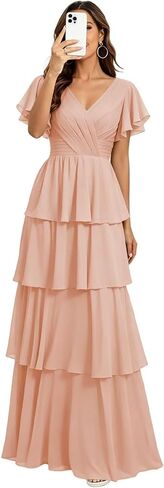 Women's Short Sleeve Chiffon Ruched Bridesmaid Dresses 2026 Tiered Aline V Neck Formal Evening Dress ZU138 in Saudi Arabia