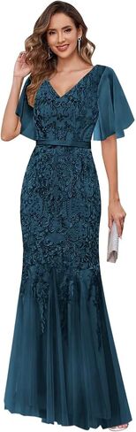 VCCICANY Lace Mermaid Mother of The Bride Dresses Long for Women Short Sleeve V Neck Formal Evening Gowns in Saudi Arabia